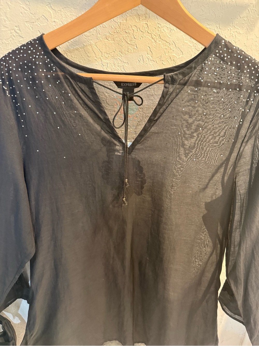 Express Black V-Neck Tunic with Silver Shoulder Rhinestones Sheer - Picture 4 of 5